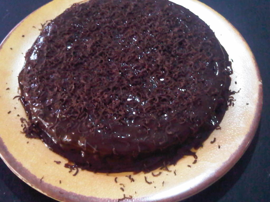 My no bake chocolate cake covered in chocolate frosting. 